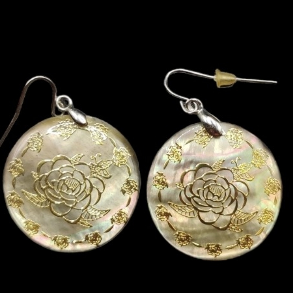 Vintage abalone rose dangle earrings